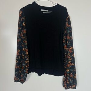 Floral Sleeve Black Sweater Top Pullover